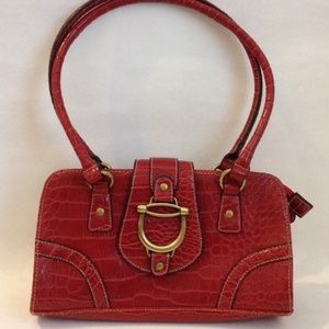 Brick Red Faux Crocodile Purse Satchel Handbag Tote Bag Metal Accents Lined